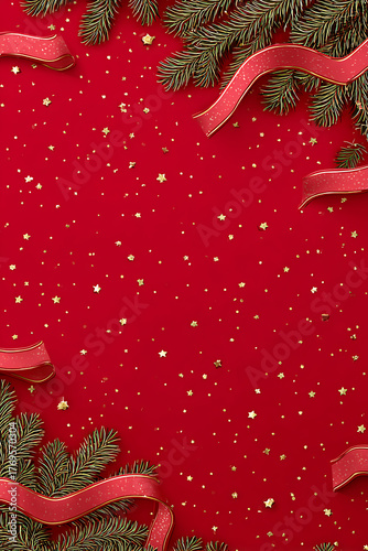 Red festive Christmas background with shiny baubles, pine branches, and glitter decorations creating a joyful holiday atmosphere