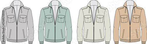 Collection of four bomber jackets in various neutral and pastel colors, showcasing front pockets and zippers