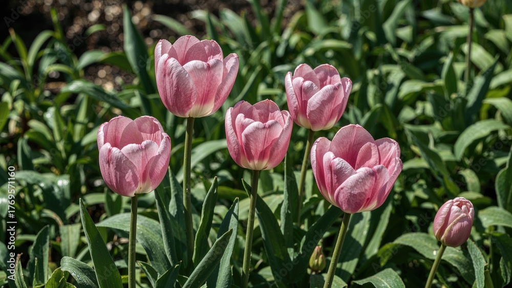 Fototapeta premium Pink and white Lily-flowered tulips (Tulipa) Beautiful blossoms in a garden during April
