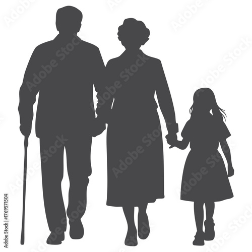 Elderly couple holding hands with their granddaughter walking together silhouette