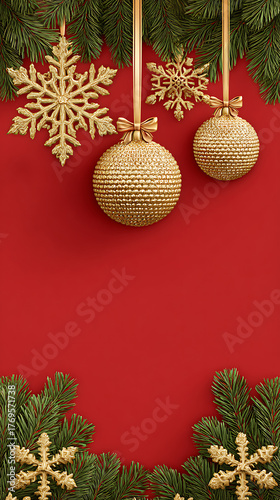 Red festive Christmas background with shiny baubles, pine branches, and glitter decorations creating a joyful holiday atmosphere