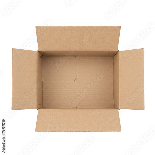 Overhead view of an open brown cardboard shipping box ready for packing contents isolated on transparent background