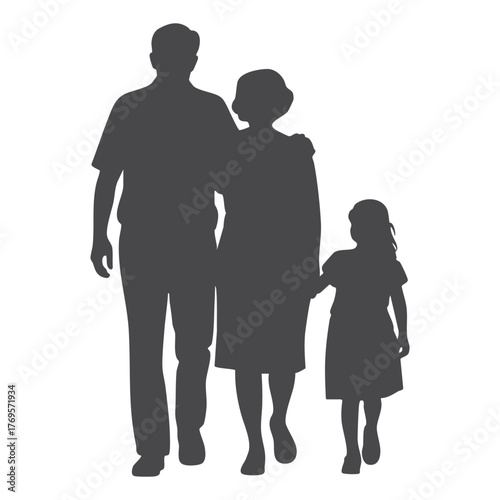 A loving family of three walking together in silhouette against a white background silhouette