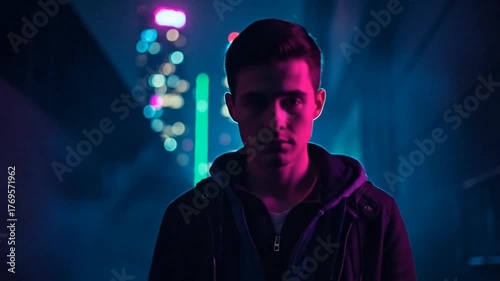 Young man smoking vapor in vivid neon city lights at night, urban lifestyle