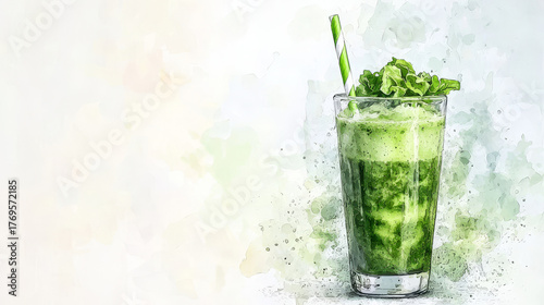 Refreshing green smoothie in a tall glass with a striped straw watercolor style.