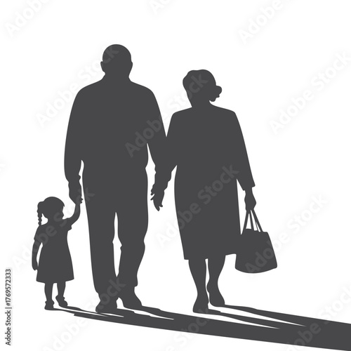 Generations walking together a family silhouette of grandparents and child silhouette