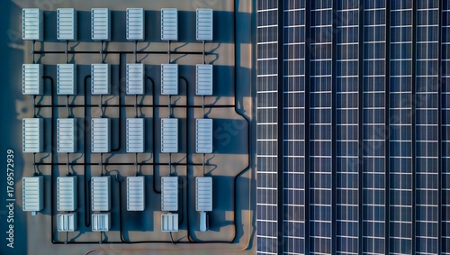 Aerial view of solar panels and a battery energy storage system grid.