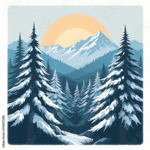 Winter Landscape Snowy Evergreen Forest and Mountain Peaks