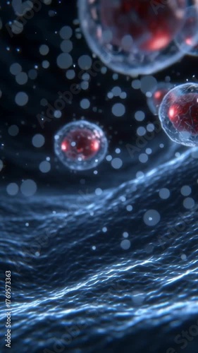 Microscopic View Of Red Biological Cells Floating In Dark Blue Fluid With Light Particles