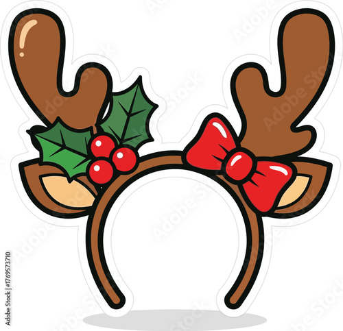 Holiday reindeer antler with Christmas holly berries and bowtie ribbon headband