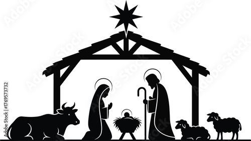 Joseph, Mary and Baby Jesus in a manger at Bethlehem nativity scene vector illustration