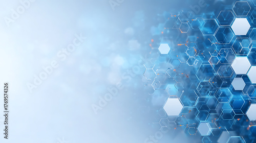Medical hexagon background featuring honeycomb patterns and blue science elements. 3D molecule textures for biotech or nano designs. Futuristic mesh grids or chemical shields for tech banne 76910314 1