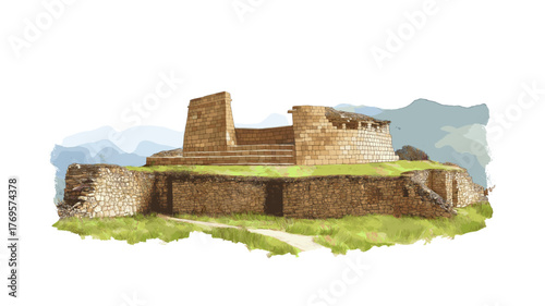 Ingapirca Ruins. Ingapirca Ruins hand drawn watercolor illustration