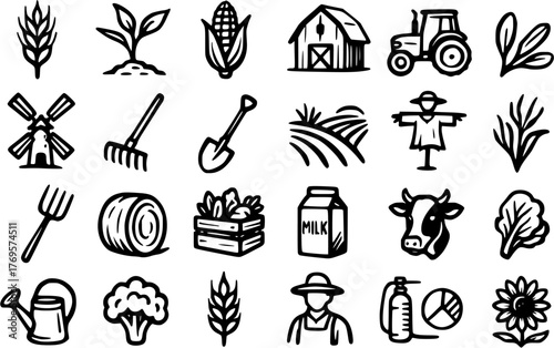 Unique icons, agriculture theme, outline version