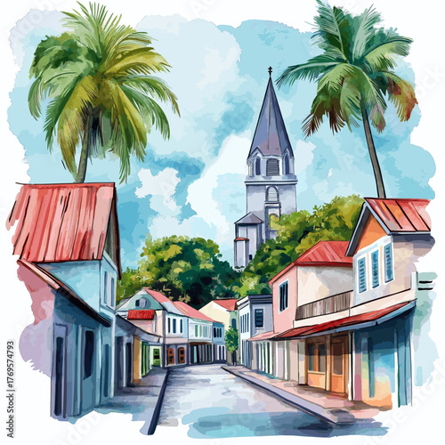 Paramaribo Historic Inner City. Paramaribo Historic Inner City hand drawn watercolor illustration