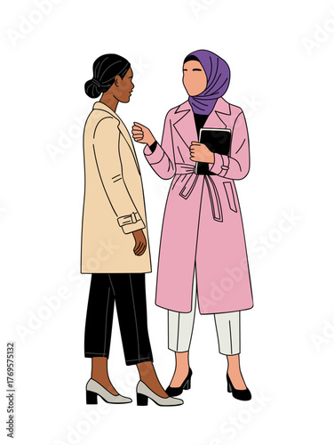 Two diverse businesswomen in trench coats, one in hijab, conversing. Minimalist vector illustration in a clean modern style on transparent background