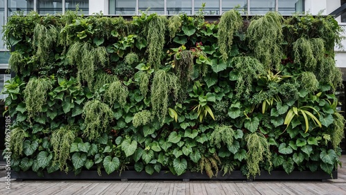 Exterior living wall in a cold climate on a vertical building with climbing greenery, plants, ferns, and lush deep-green foliage.