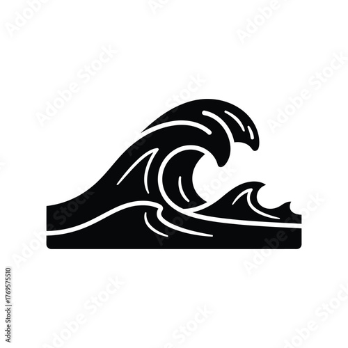 Stylized black silhouette of crashing ocean waves dynamic sea swell symbol isolated vector illustration isolated on white background