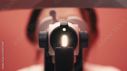 Patient undergoing vision examination with advanced ophthalmic equipment, bright light illuminating the eye, showcasing the importance of eye health and professional care in ophthalmology