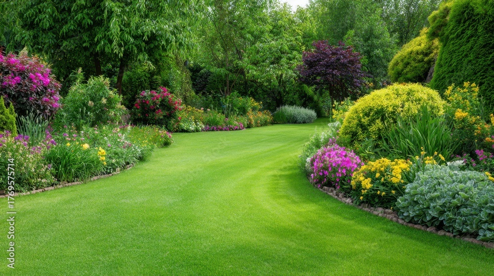 Obraz premium A beautiful garden path surrounded by colorful flowers and rich green plants capturing springs charm.