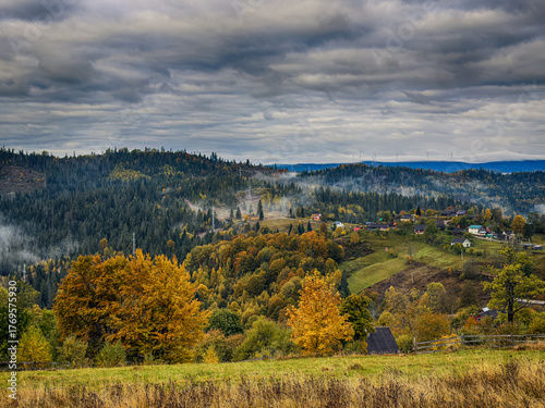 Misty Autumn Rain Clouds over Ukrainian Carpathian Mountains.