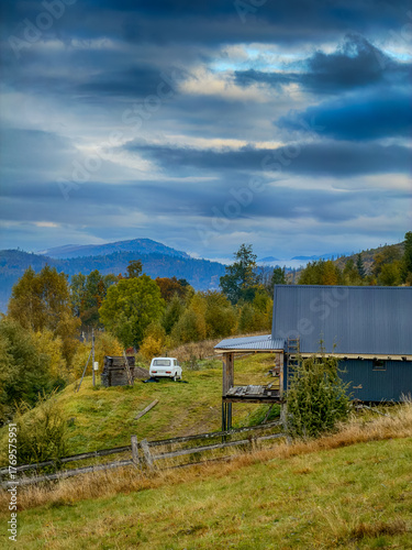 Misty Autumn Rain Clouds over Ukrainian Carpathian Mountains.