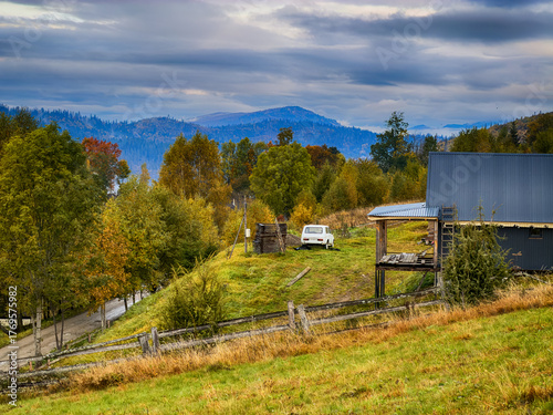 Misty Autumn Rain Clouds over Ukrainian Carpathian Mountains.