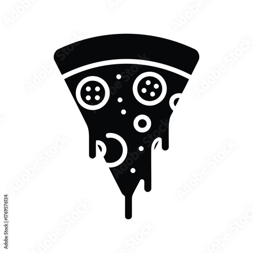 Sleek black slice of delicious pizza with melted cheese dripping icon vector graphic isolated on white background