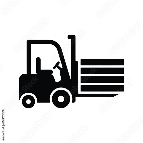 Industrial forklift truck silhouette lifting pallet of goods for logistics and warehouse operations isolated on white background