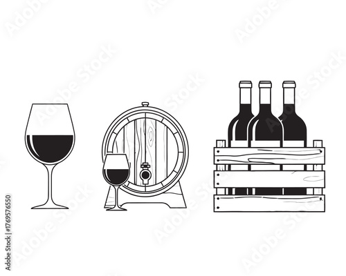 Vector illustration of a wine glass wooden barrel and bottles in a wooden crate on a white background