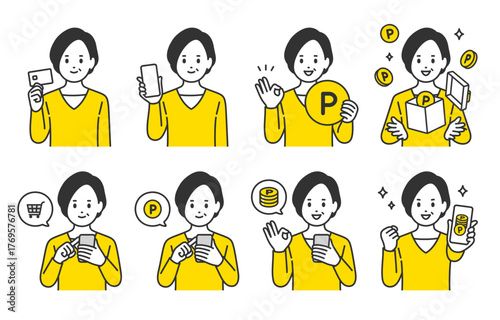 クレジットカードやスマホで買い物をする･ポイントを貯める中年女性のセット【人物ベクターイラスト素材】