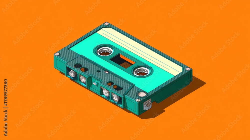 Fototapeta premium Isometric cassette tape illustration on orange background for music concept
