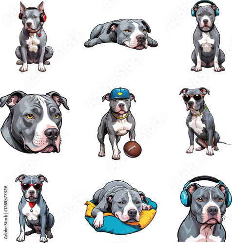 bull Dog Illustrations with Accessories, featuring cute outfits, hats, and glasses.