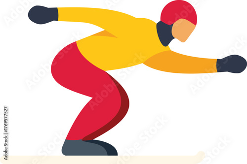 Professional skier crouching and wearing helmet, gloves and colorful suit, performing downhill skiing in competition