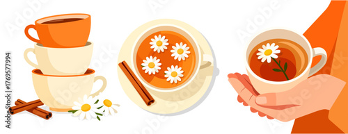 Flat Vector Illustration of Herbal Chamomile Tea with Teapot and Cinnamon – Cozy Autumn Drink Concept