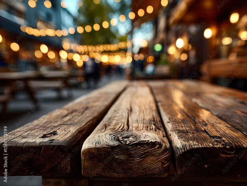 Fototapeta premium Empty wooden table top on blur light golden bokeh of cafe restaurant, bar in a dark background.