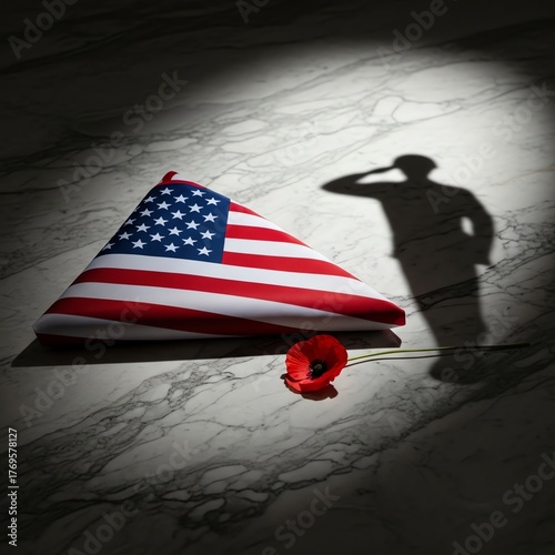 Folded American Flag, Poppy, and Saluting Soldier Shadow, Memorial Concept.