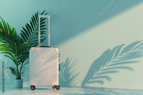 A white suitcase is sitting on a floor next to a plant. Cyber Monday, sale, purchase, black friday
