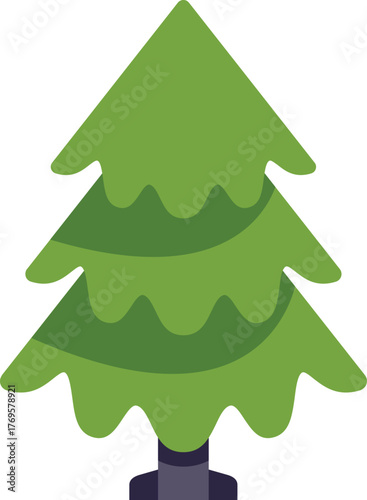 Simple stylized evergreen christmas tree standing up straight, with stylized snow on each bough