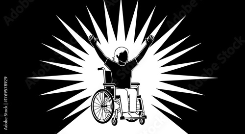 A man in a wheelchair celebrates with his arms raised against a black background