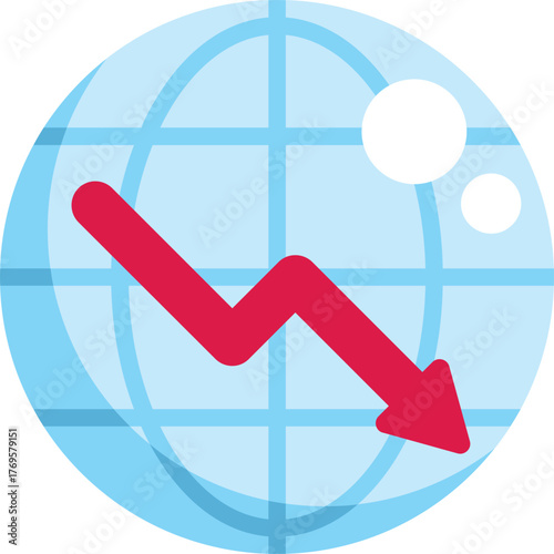 This colorful vector graphic shows a red down arrow representing a global economic crisis