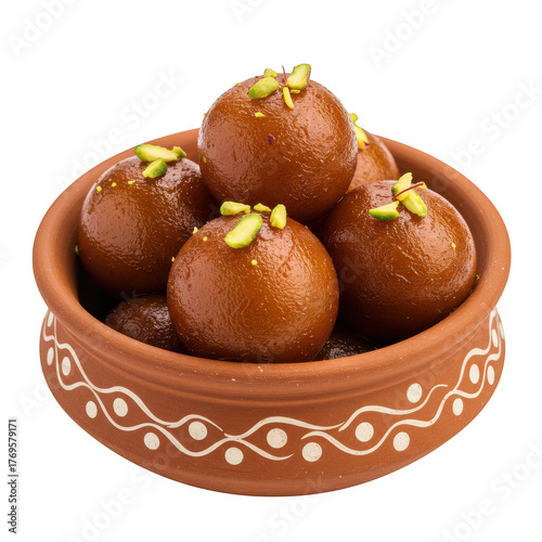 Delicious gulab jamun indian dessert served in traditional clay bowl isolated on transparent background