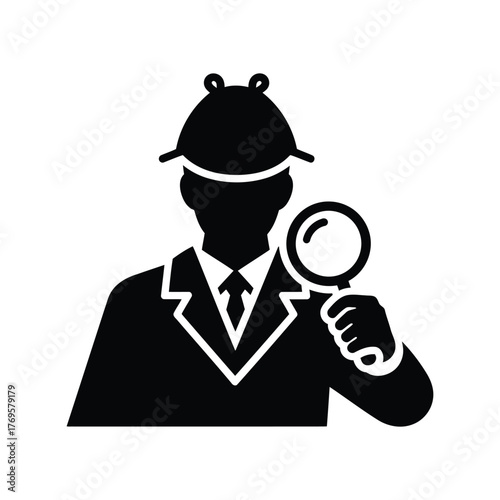 Detective silhouette investigation with magnifying glass searching for clues business concept isolated on white background