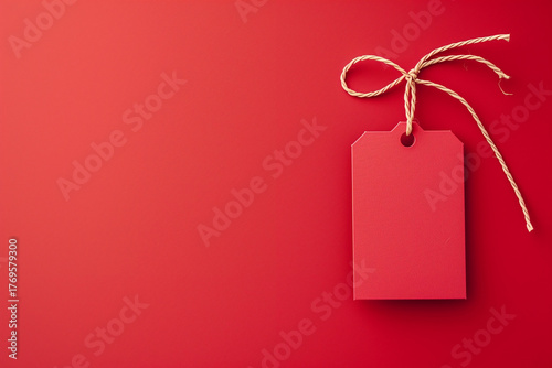 A red tag with a yellow string hanging from it. Cyber Monday, sale, purchase, black friday