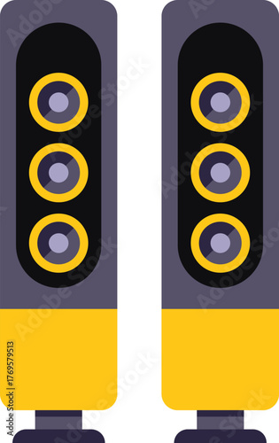 Two tall loudspeakers with yellow and black details standing on white background, audio equipment for home entertainment