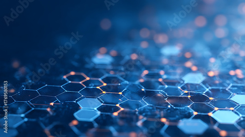 Hexagon medical tech background with honeycomb patterns and blue science motifs. Abstract 3D molecule textures for biotech research or nano network designs. Futuristic mesh grids or chemica 34259600 1