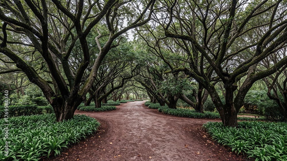Fototapeta premium Walkway in a botanical garden tree, green, Spain, botanical garden, hiking trail, Gran Canaria, Canary Island, walkway, botanic garden, alley