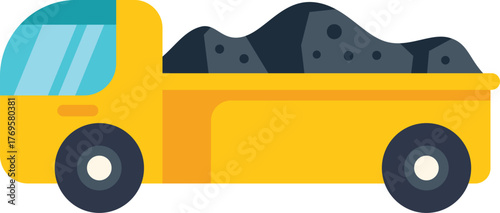 Yellow mining truck transporting a full load of coal, depicted in a colorful and simple cartoon style