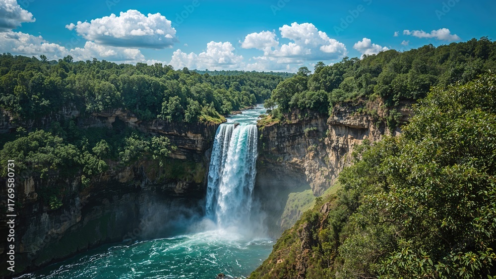 Fototapeta premium An azure waterfall surrounded by emerald greenery, captured on a summer day 