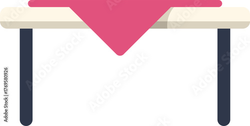 Simple wooden table covered by a pink tablecloth is standing on a white background